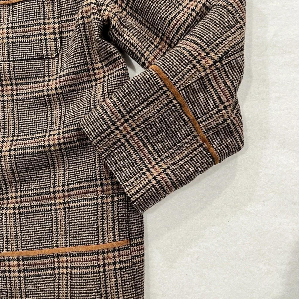 Wool Plaid Blazer Harve Bernard  With Suede Leather Trim Womens Size 12 Vintage